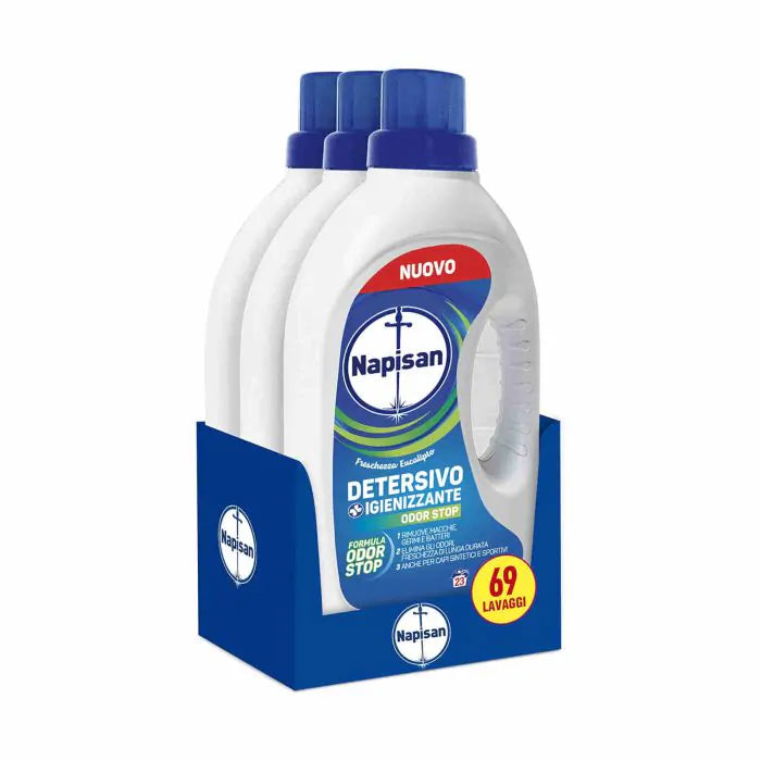 Napisan Detergent lichid igienizant Odor Stop pentru mașină de spălat, 3 pachete de 1,15 l din 69 de spălări de detergent lichid pentru mașină de spălat